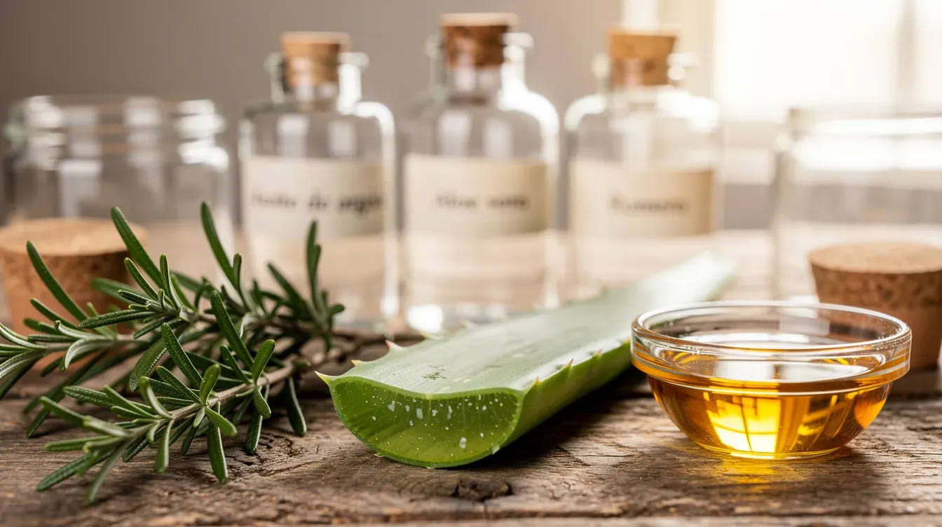 Hojas de romero, aloe vera y aceite de argán sobre mesa de madera junto a frascos de vidrio vacíos, ingredientes botánicos para cosméticos naturales.