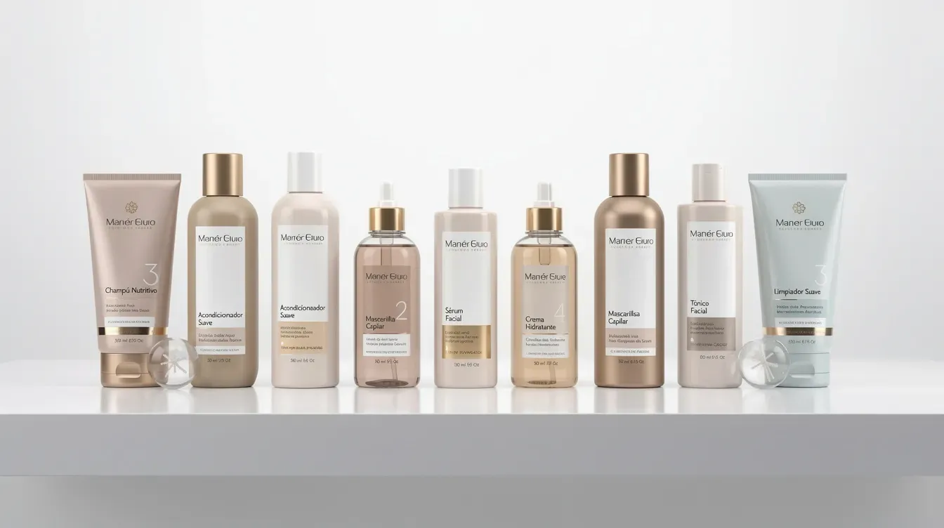 Línea de productos cosméticos capilares y faciales en botellas modernas sobre estante blanco minimalista, ideal para marca propia.