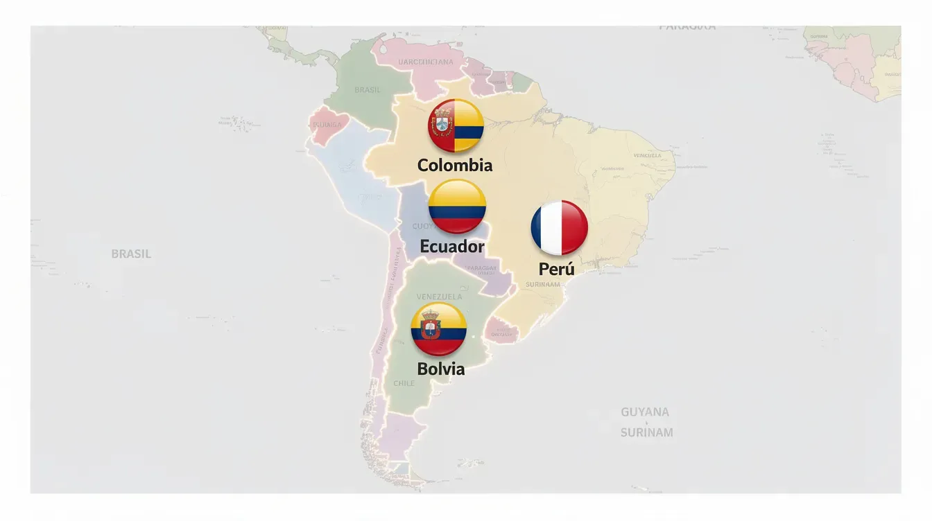 Mapa de Sudamérica representando la regulación de la CAN en Colombia, Ecuador, Perú y Bolivia.