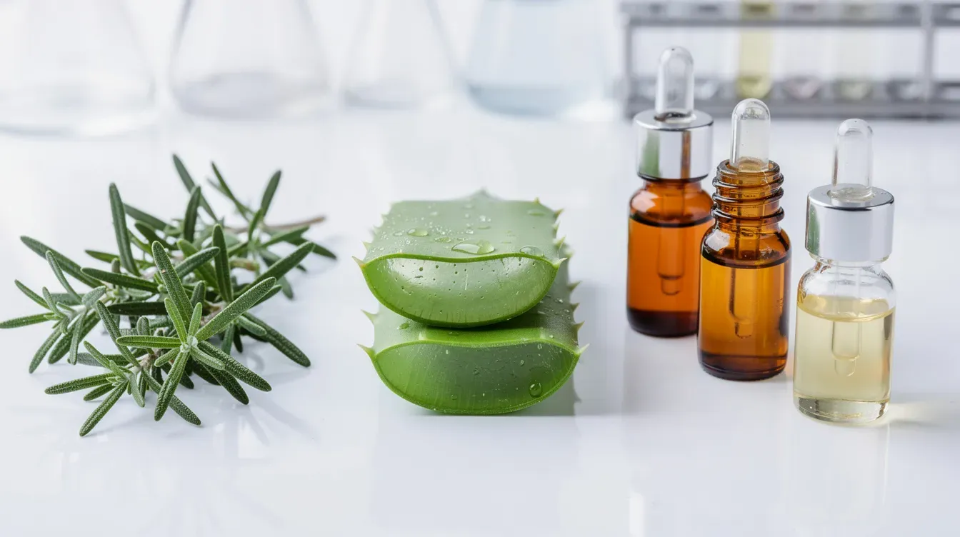 Ingredientes botánicos y aceites esenciales en un laboratorio de cosméticos.