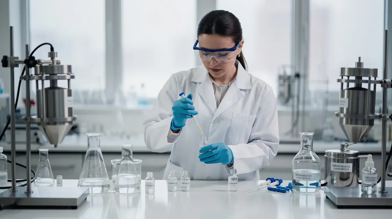 Profesional en laboratorio de fabricación de cosméticos asegurando calidad conforme a requisitos INVIMA.