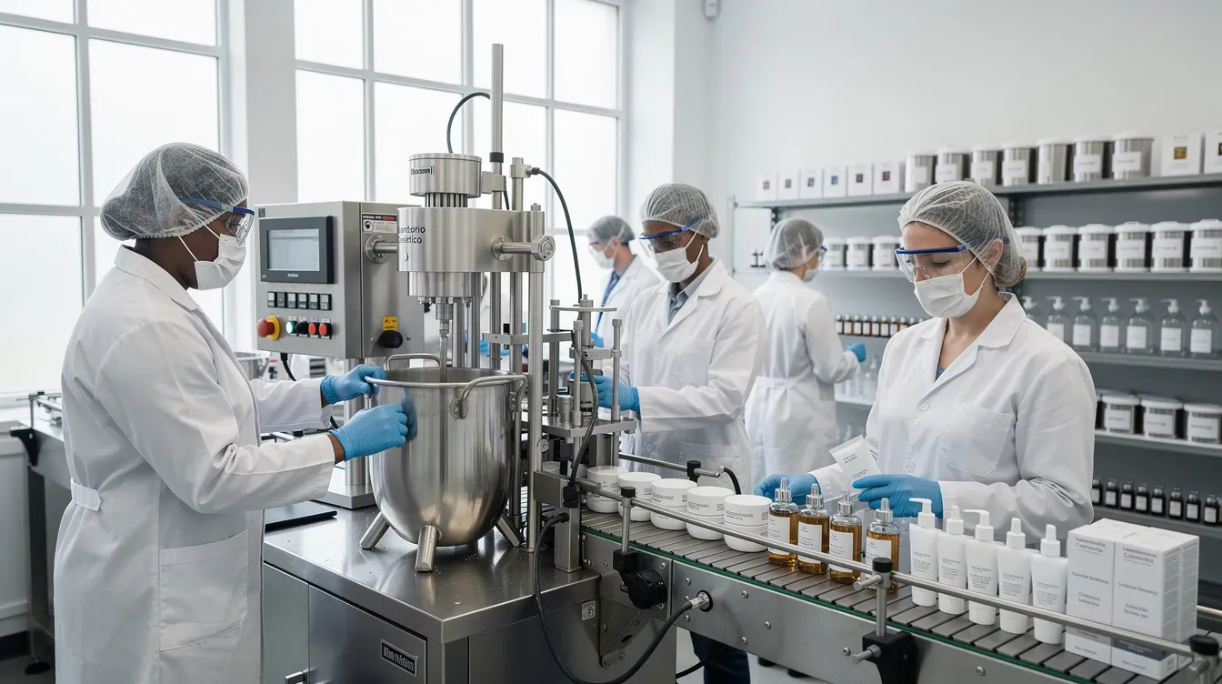 Equipo de producción y envasado en un laboratorio cosmético de marca blanca.